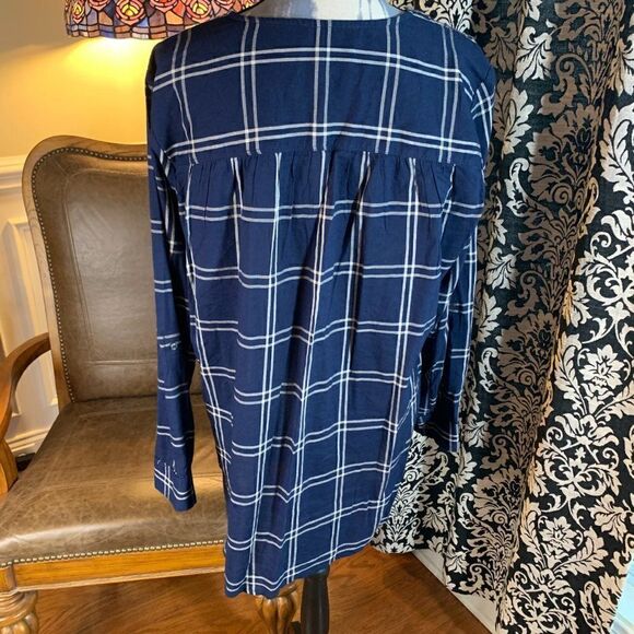 Nine West Jeans navy plaid 3/4 button down top XL - Picture 5 of 7